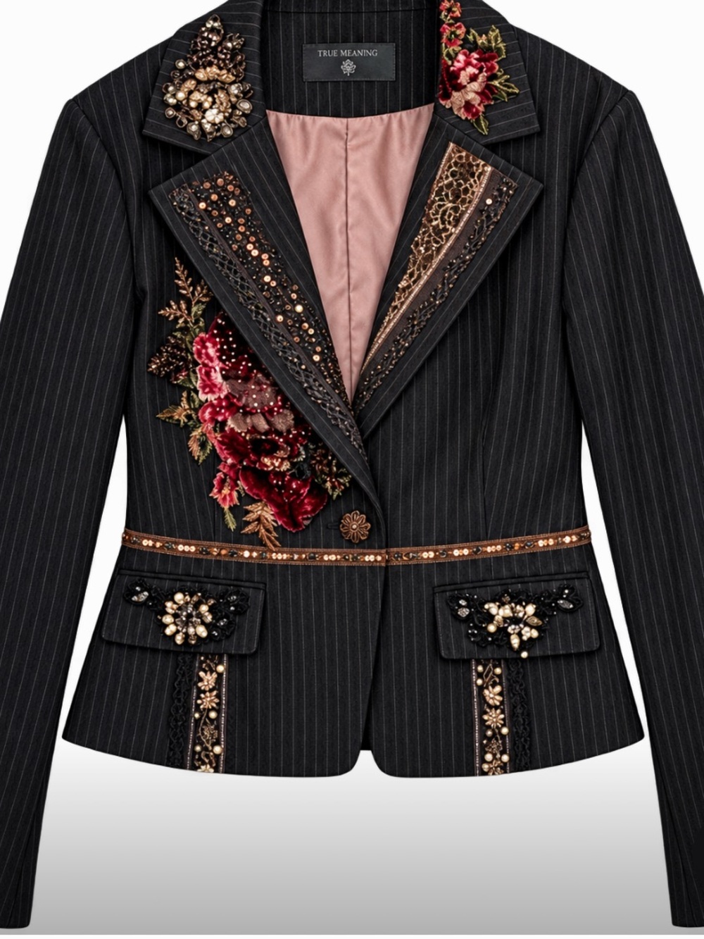 True Meaning Blazer with sequins and beaded floral appliqué Small